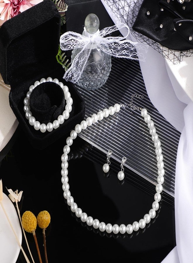 Aurelema 3 Pcs Christmas Pearl Jewelry Sets 1920s Women Faux Pearl Necklace Bracelet Kids Clip on Earrings for Women Girls(10 mm,White) - Image 2
